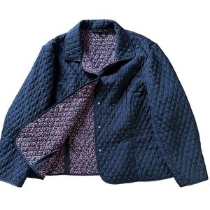 Briggs New York Quilted Jacket Womens 2X Navy Blue Excellent Floral Lining Snap